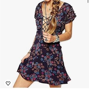 Free People Yours Truly Dress Purple Floral Criss-Cross Laceup Dress Size 8 M